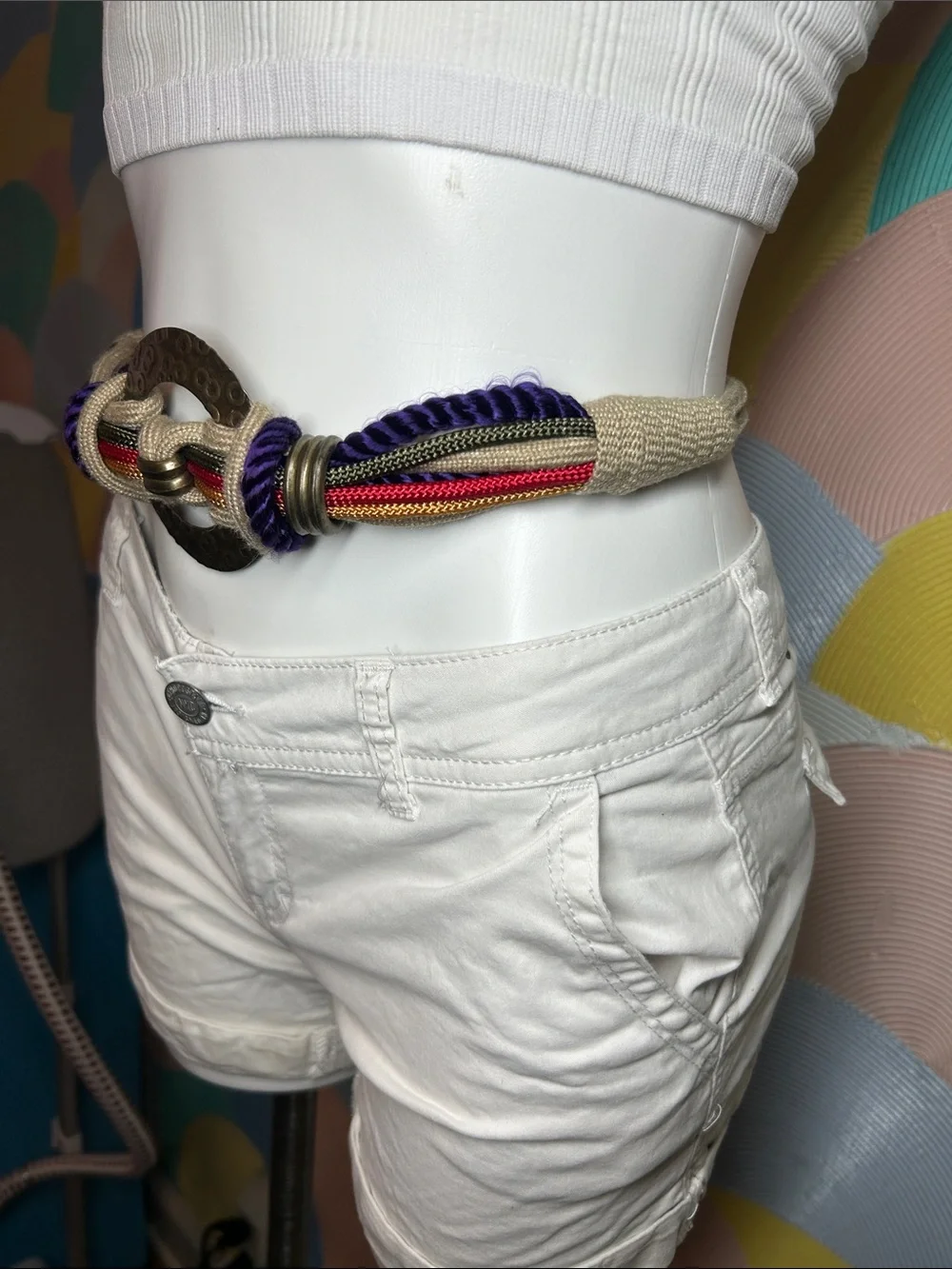Vintage 1980s Multicolored Braided Rope Waist Belt with Antique Gold Ring
